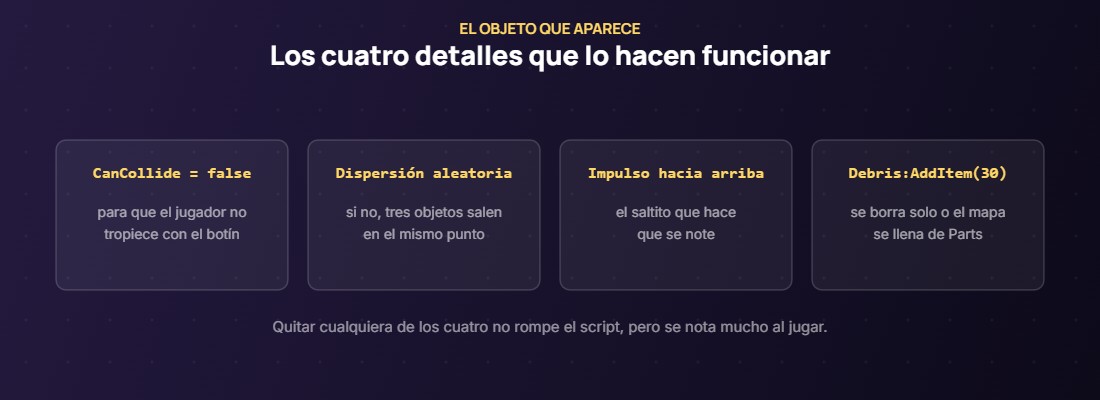 Los cuatro detalles del objeto que aparece: CanCollide, dispersión, impulso y Debris