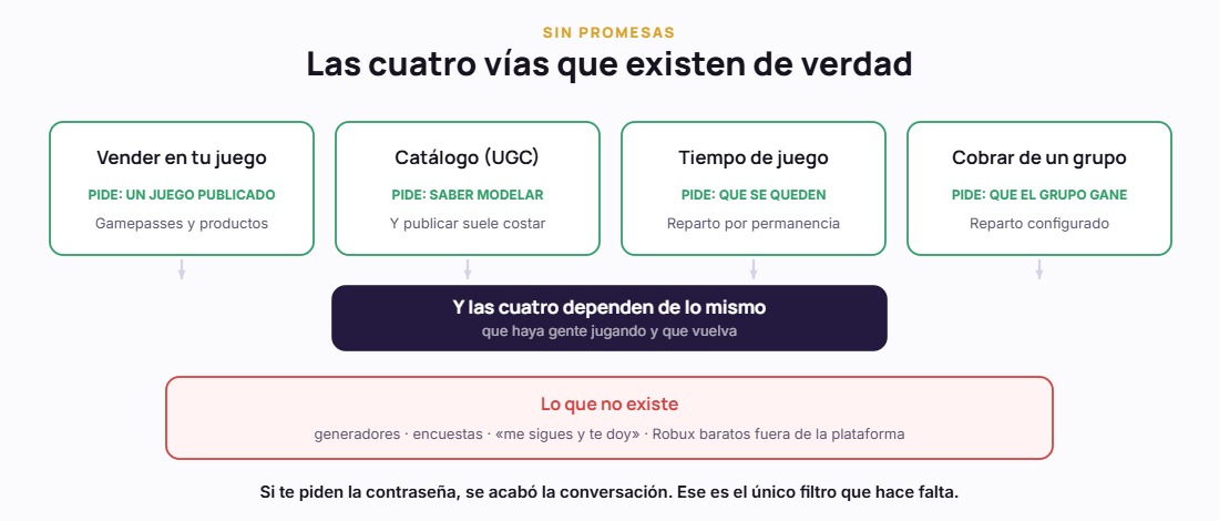 Las cuatro vías reales de ganar Robux y el recuadro de lo que no existe